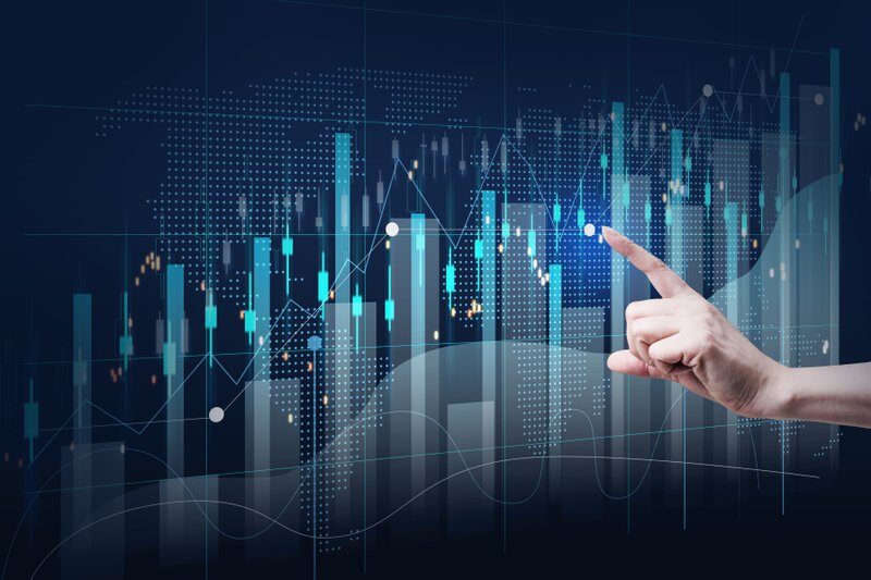 Holographic chart with rising rates and indicators. Business growth concept, high profitability, successful startup. The growth of the exchange rate