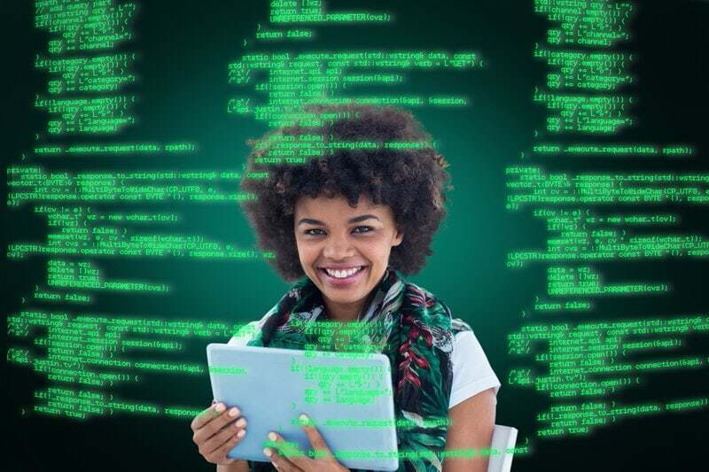 Woman using tablet overlayed by coding vignette
